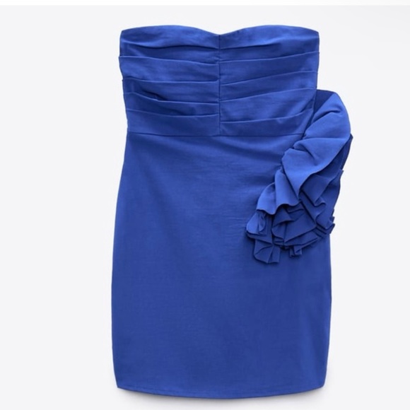 Zara Royal Blue Short Mini Side Ruffled Strapless Dress - Picture 4 of 8